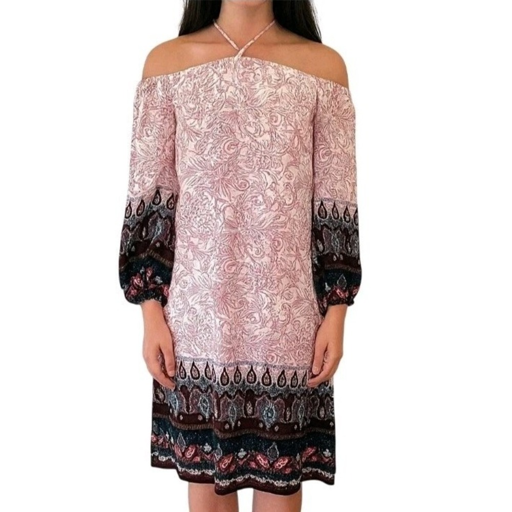 LOFT Pink & Blue Paisley Off Shoulder Tie Neck Bohemian Festival Dress Size PXS